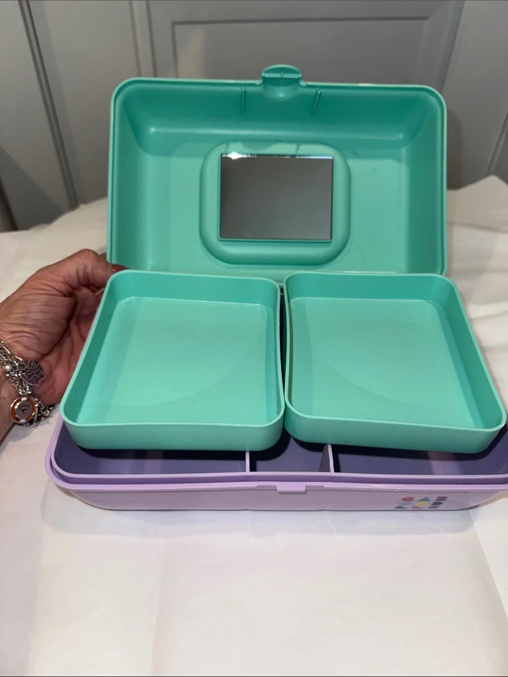 Classic Caboodles Mint Green & Lavender Makeup Case with Peach Handle